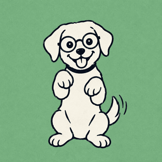 Budugu, a cartoon Labrador in round glasses, sitting up and wagging his tail